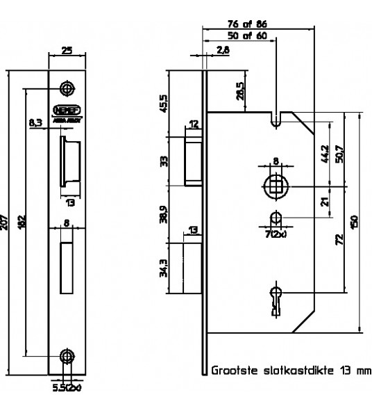 66/2-50 DR.2+4 BLIS. DEURSLOT, DM50MM, S72MM, KRUKGAT 8MM, VOORPLAAT S 66/2-50 DR.2+4 BLIS. DEURSLOT, DM50MM, S72MM, KRUKGAT 8MM, VOORPLAAT S