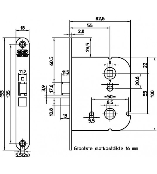 NEMEF BADKAMERDEURSLOT 1444-55 DOORNMAAT 55MM, WC-MAAT 55MM
