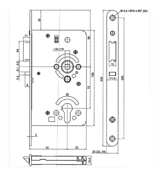 CENTRAALSLOT DIN LS MAUER 8635 FPZW DSB 60 MM RVS VOORPL.235X20MM