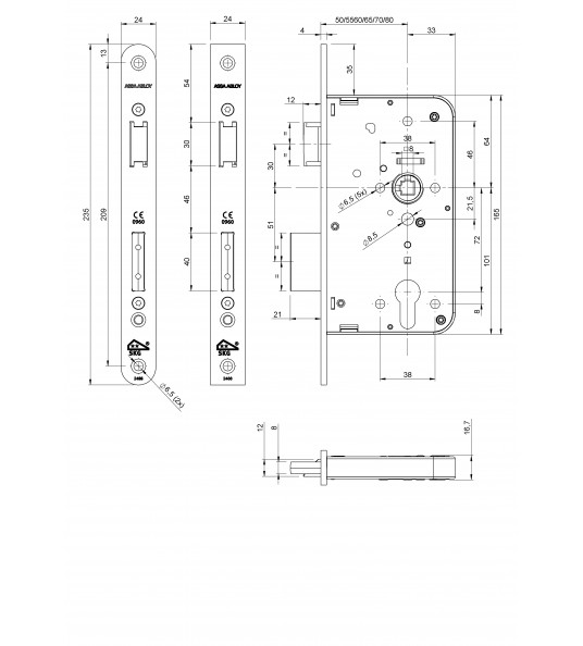 ASSA ABLOY 2422/17U2455 VEILIGHEIDSSLOT SKG** DOORNMAAT 55MM PC72