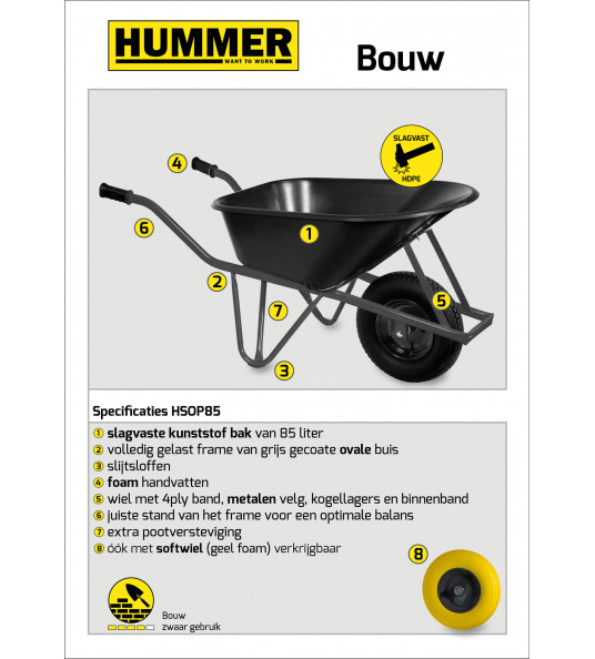 BOUW KRUIWAGEN HDPE 85 L OVALE BUIS SOFTWIEL