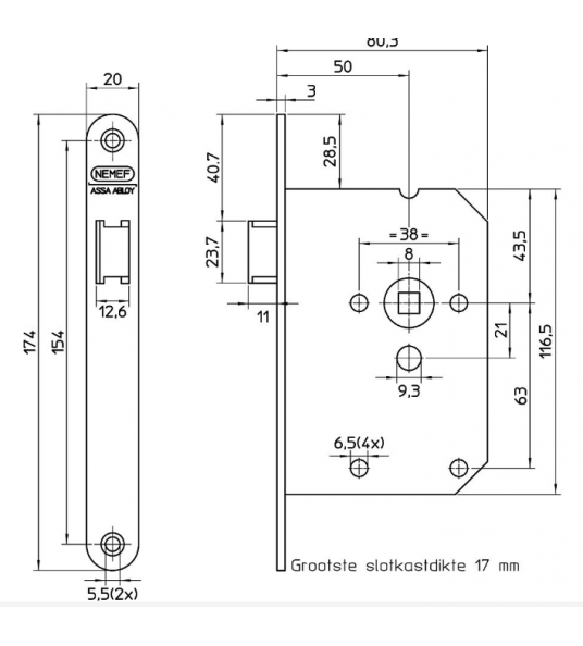 NEMEF 1255/17-50 LOOPSLOT DOORNMAAT 50MM RVS VOORPLAAT 174MM