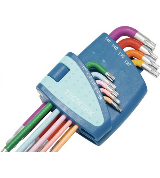 HAAKSE SCHROEVENDRAAIER-SET 9-DELIG T9-T45 KLEURCODERING KUNSTSTOF HOUDER TECWER