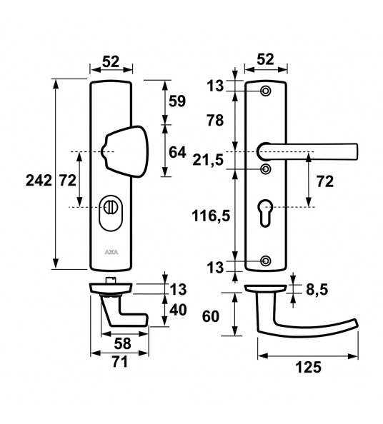 AXA VEILIGHEIDSBESLAG CURVE S-KNOP/KRUK KERNTREK PC72 F1